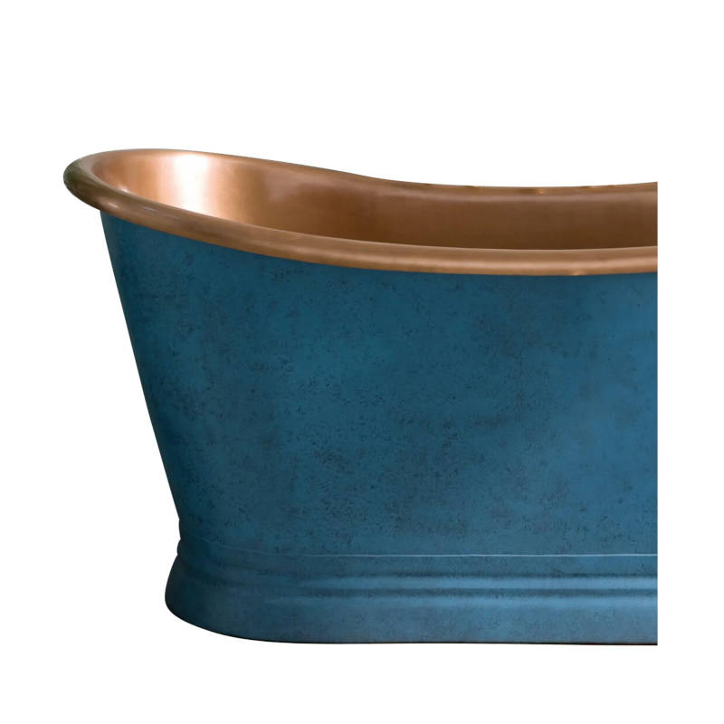 Coppersmith Creations Slanted Cascading Base Copper Bathtub Verdigris Blue Patina Exterior & Antique Finish Interior