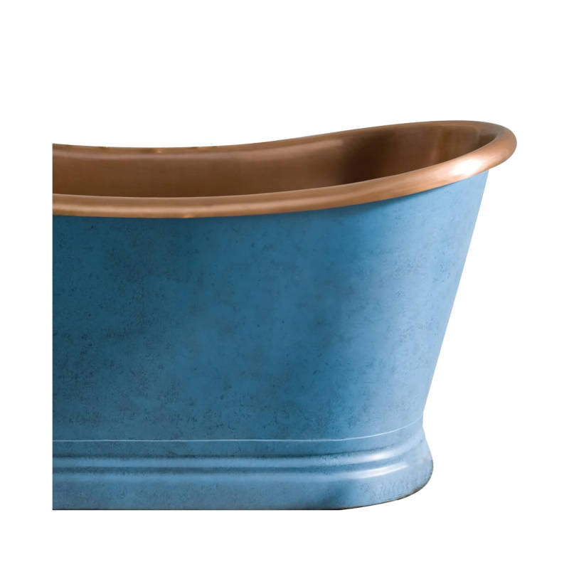 Coppersmith Creations Slanted Cascading Base Copper Bathtub Verdigris Blue Patina Exterior & Antique Finish Interior