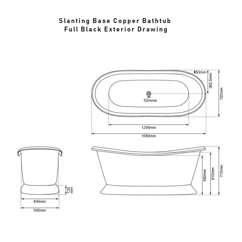 Coppersmith Creations Slanting Base Copper Bathtub Full Black Exterior