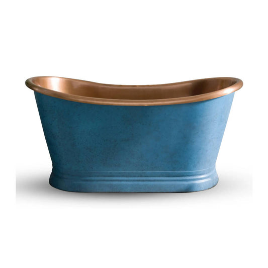 Coppersmith Creations Slanted Cascading Base Copper Bathtub Verdigris Blue Patina Exterior & Antique Finish Interior