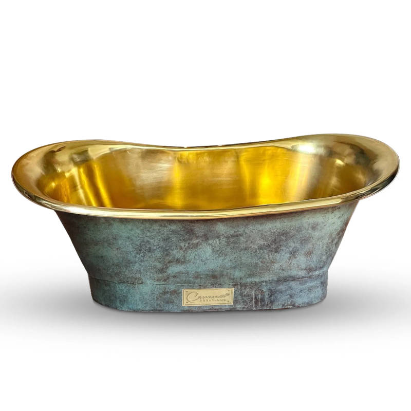 Coppersmith Creations Straight Base Brass Bathtub Patina Exterior & Polished Brass Interior Finish