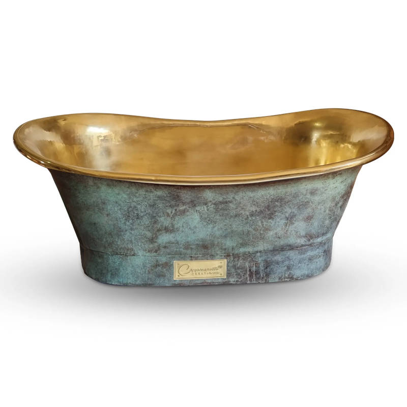 Coppersmith Creations Straight Base Brass Bathtub Patina Exterior & Polished Brass Interior Finish