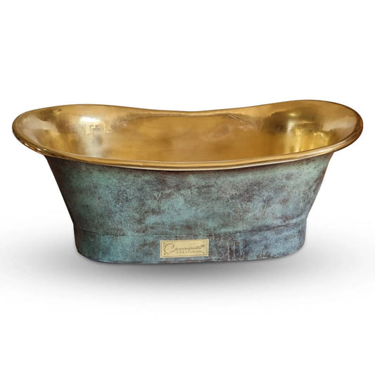 Coppersmith Creations Straight Base Brass Bathtub Patina Exterior & Polished Brass Interior Finish